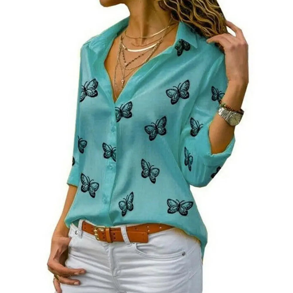 Elegant Women Butterfly Print Loose Fit Long Sleeve Blouse with Turn Down Collar Casual Oversized Office Shirt for Spring and Autumn