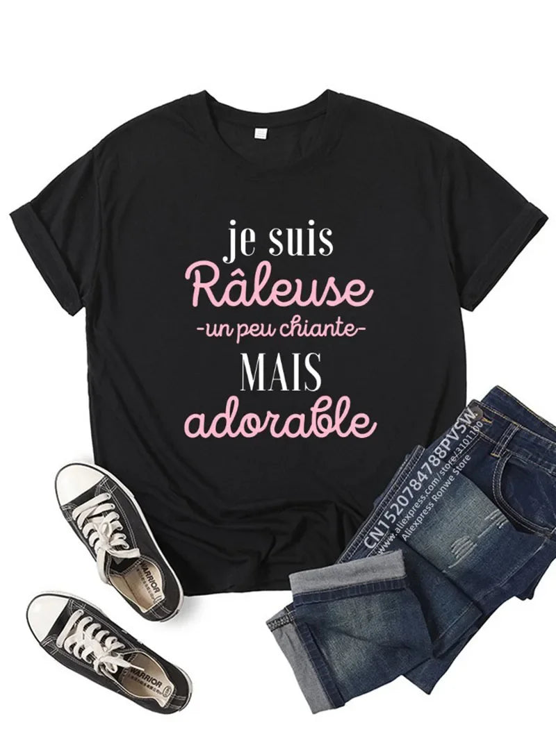 Je Suis Râleuse Graphic T-Shirt for Girls in Black and Pink Y2K Harajuku Style