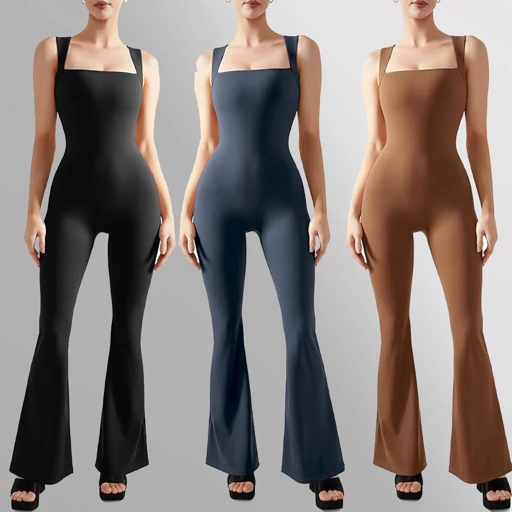 Women's Sleeveless Square Neck Bodysuit with Flared Pants Casual Fitness Jumpsuit Full Season Streetwear Playsuit