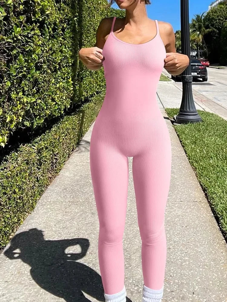 Solid Color Slim-Fit Seamless Hip Lifting Bodysuit Yoga Jumpsuit Set for Women