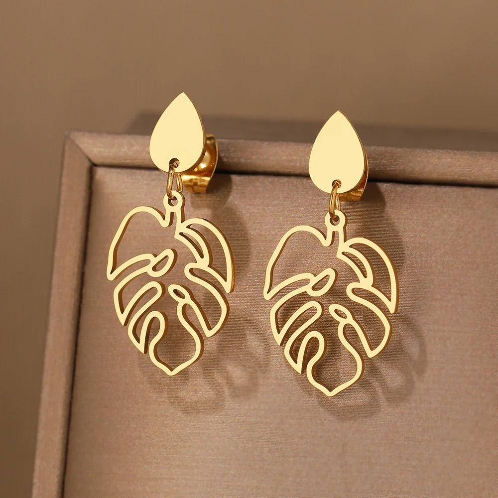 Stainless Steel Vintage Water Drop Plant Leaves Earrings for Women Fashion Jewelry Perfect for Parties and Special Occasions
