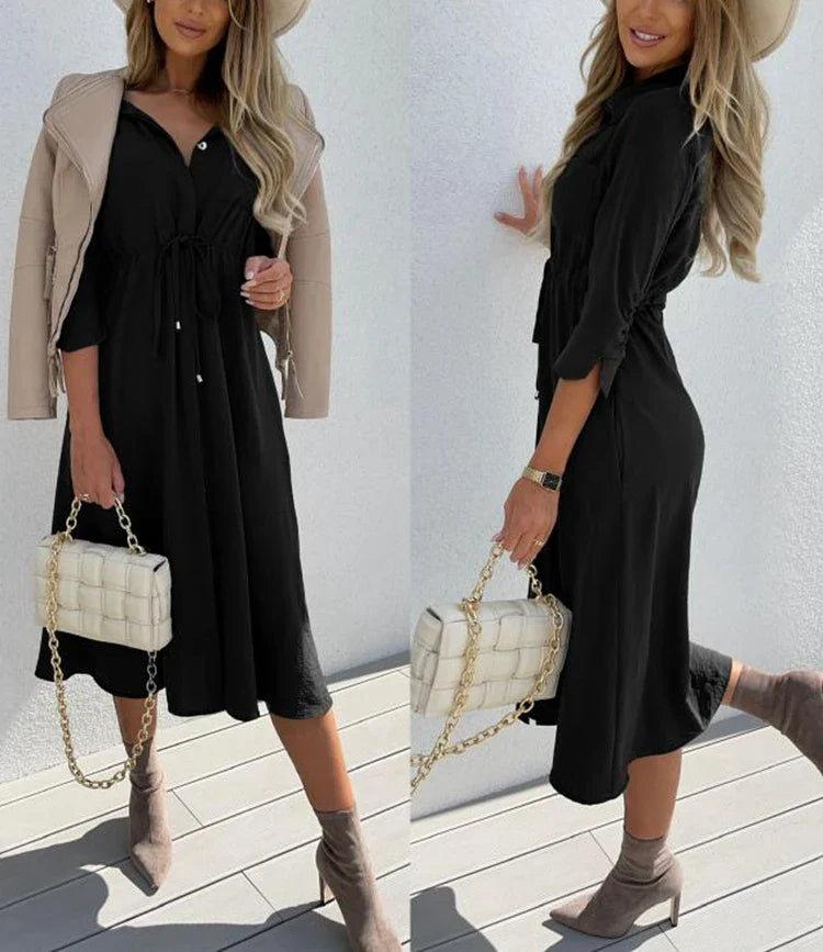 Women's Lace Up Waist Dress Mid Sleeve Aline Solid Color
