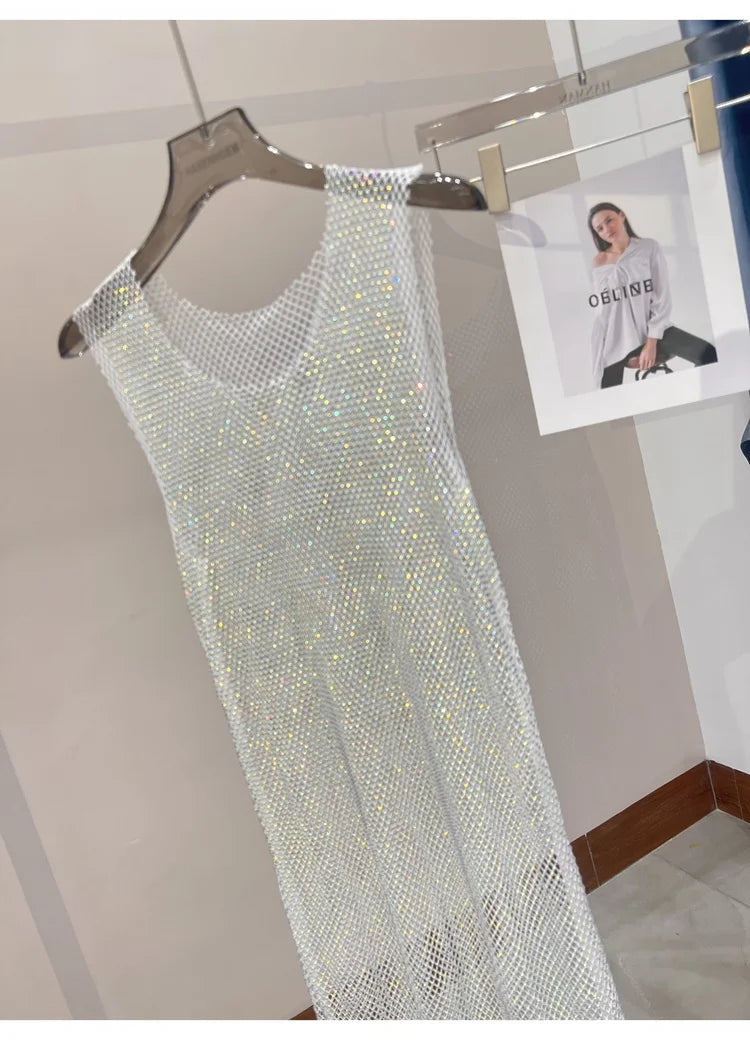 Rhinestone Mesh Midi Dress for Sexy Party and Clubwear