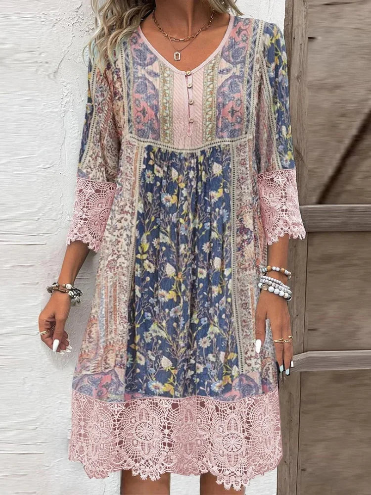 Vintage Lace Dress For Women Printed Spring Summer Fashion