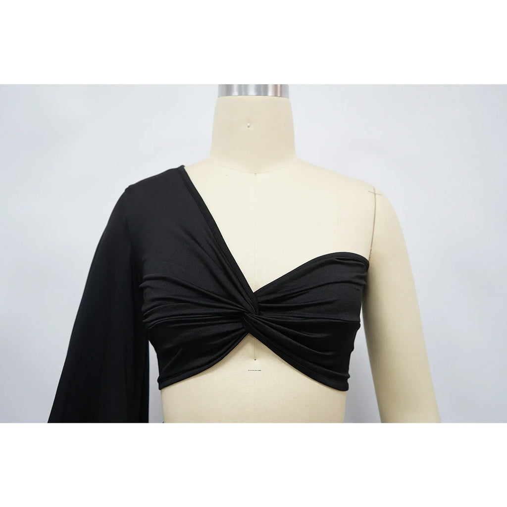 Women's Ruched One Shoulder Sleeve Crop Top and Wide Leg Pants Two Piece Set Outfit