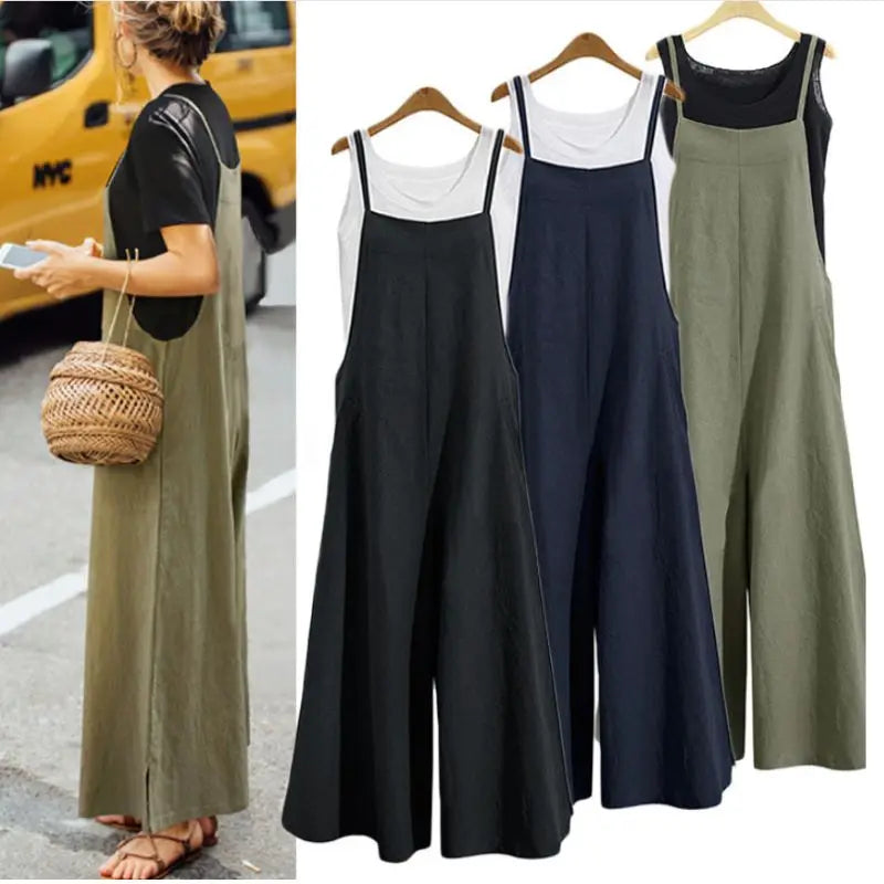 Women's Summer Sleeveless Wide Leg Jumpsuit Solid Color Cotton Linen Bib Overalls Casual Loose Fit Ankle-Length Straps Dungaree
