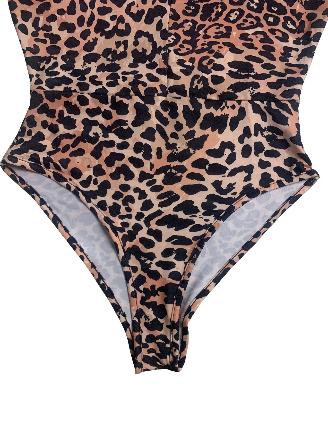 Sexy Leopard Print Long Sleeve V Neck Jumpsuit Shorts with Front Zipper Closure