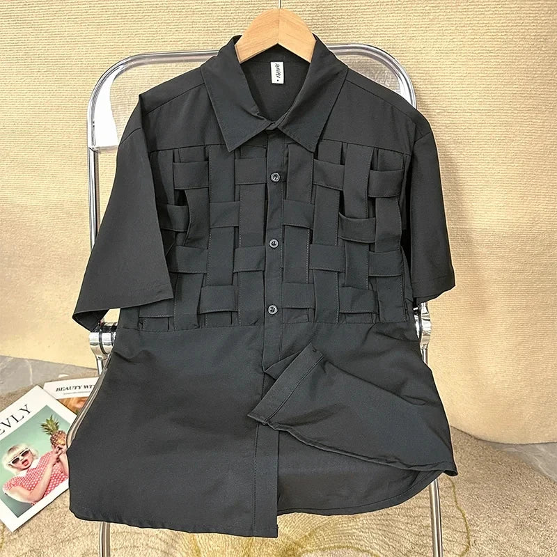 Women Short Sleeve Lapel Shirt Hollow Out Patchwork Blouse Loose Waist Casual Chic Poly Blusa