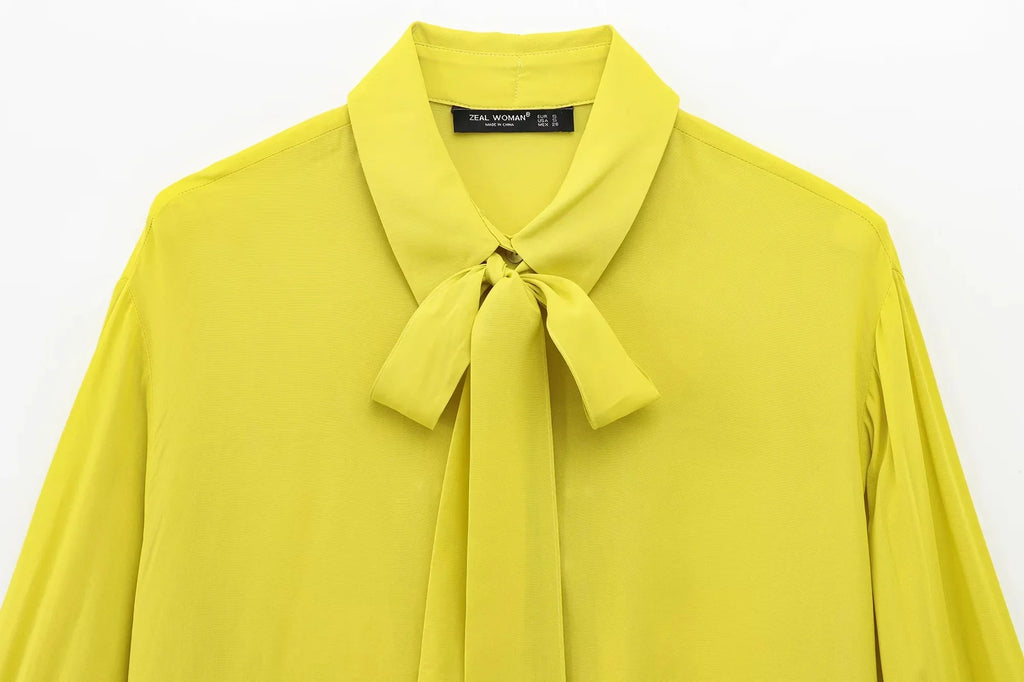 Yellow Chiffon Loose Fit Long Sleeve Shirt for Women with Bow Tie and Button Detail Casual Office Blouse