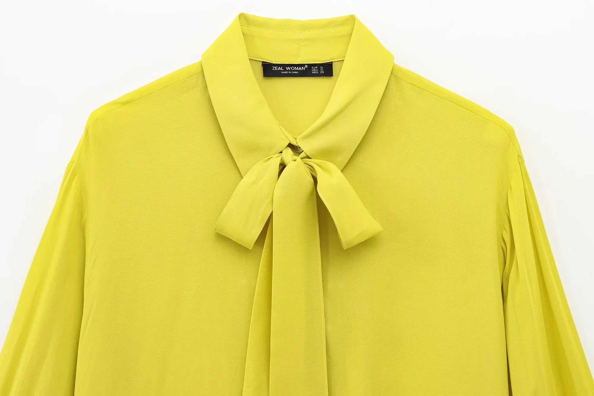 Yellow Chiffon Loose Fit Long Sleeve Shirt for Women with Bow Tie and Button Detail Casual Office Blouse