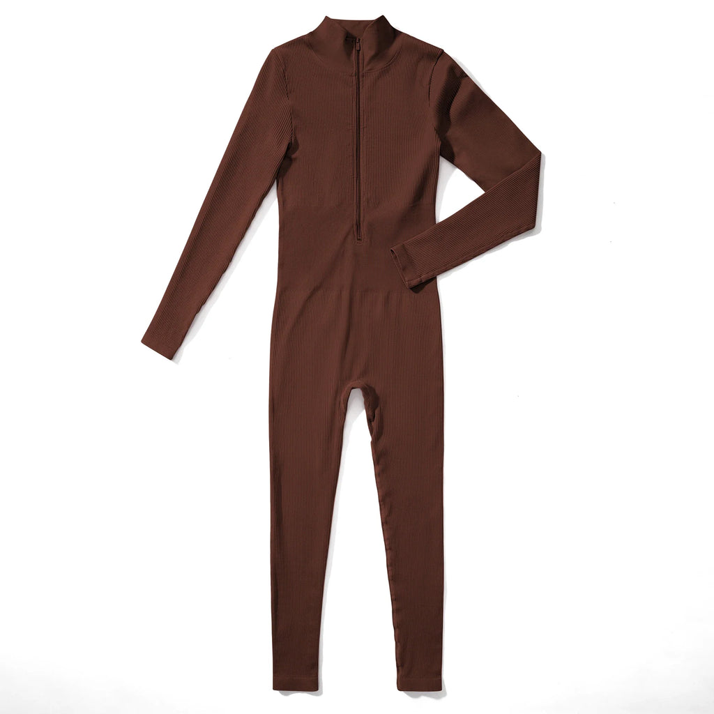 Bodycon Slim Fit Zipper Jumpsuit for Women Casual Brown Fitness Romper Streetwear Playsuit Overall