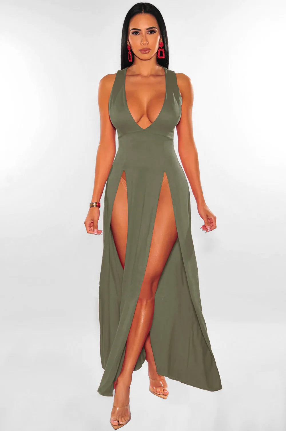 Backless V Neck Sleeveless Maxi Dress With Slit For Party
