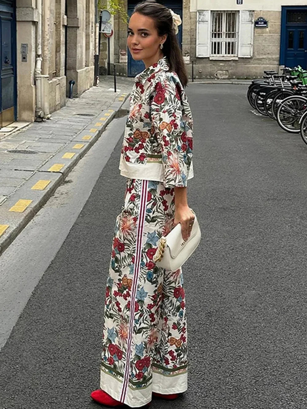 Women's Bohemian Casual Trousers Set with Long Sleeve Shirt and High Waisted Wide Leg Pants