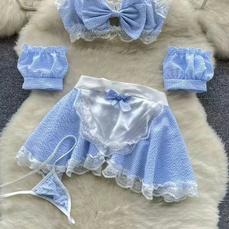 Sexy Maidservant Apron Dress Three Piece Set Lace Trimmed Plaid Cosplay Lingerie Nightwear for Women