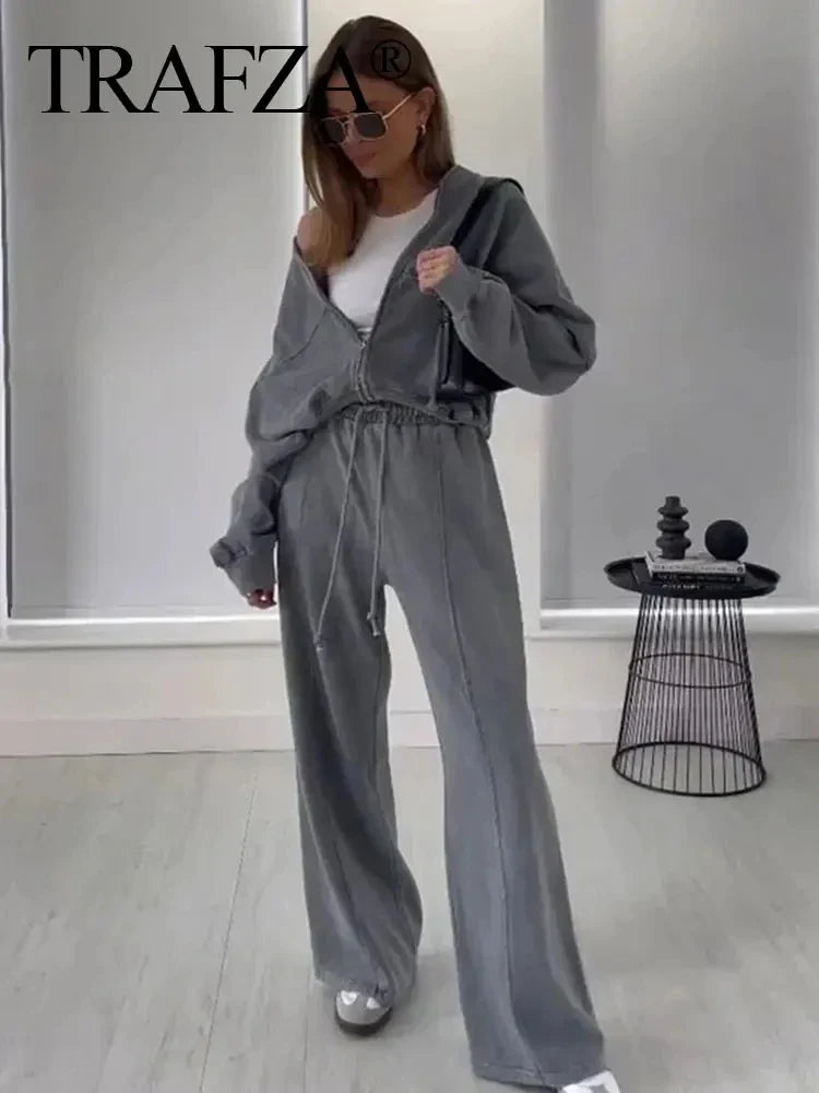 Casual Bomber Jacket Pant Set for Women Long Sleeve Zipper Coat Vintage Solid Sweatshirt Suit Autumn Streetwear Outfit