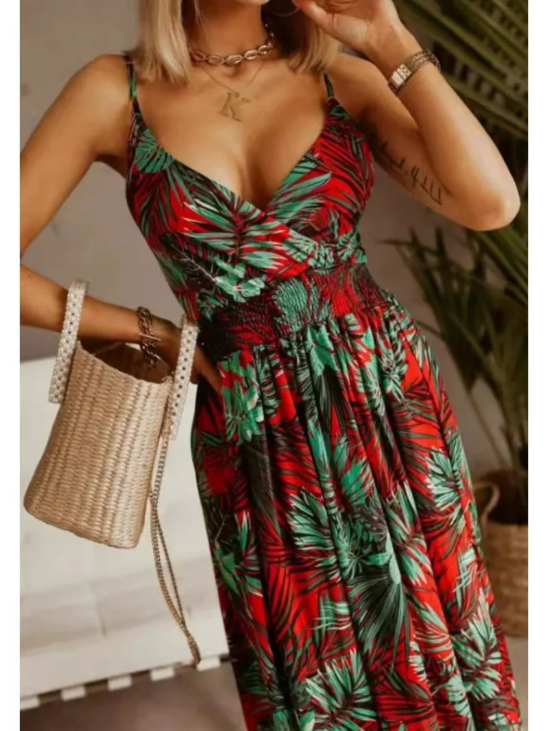 Bohemian Floral Chiffon Summer Dress With V Neckline