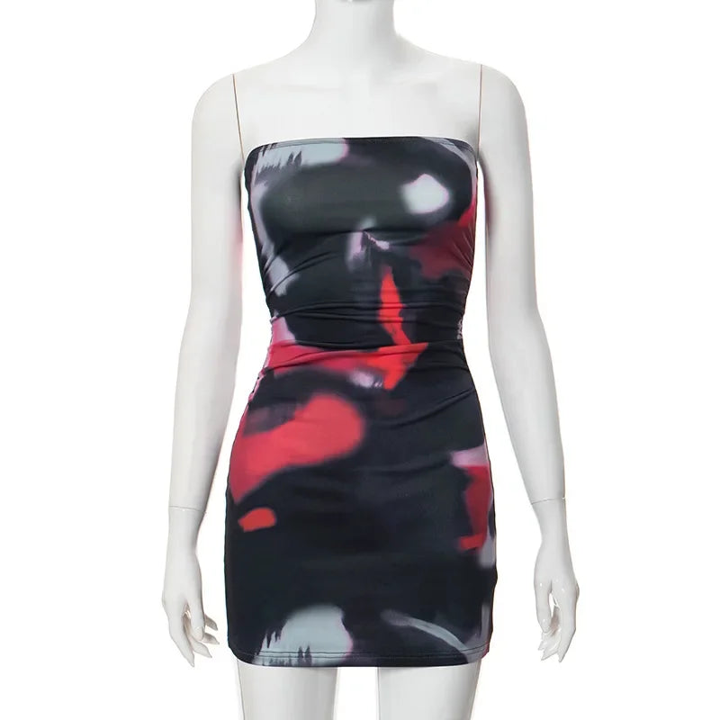 Tie Dye Strapless Backless Bodycon Mini Dress for Party