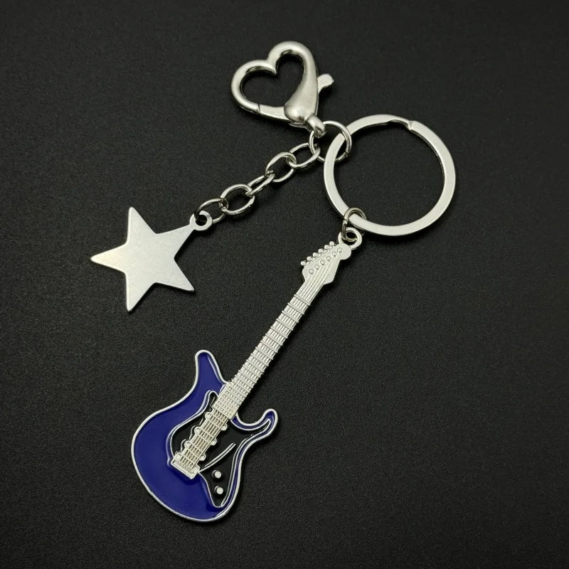 Guitar Love Heart Star Key Chain Trendy Fashion Pendant for Men and Women Rock Punk Vintage Accessories Gift