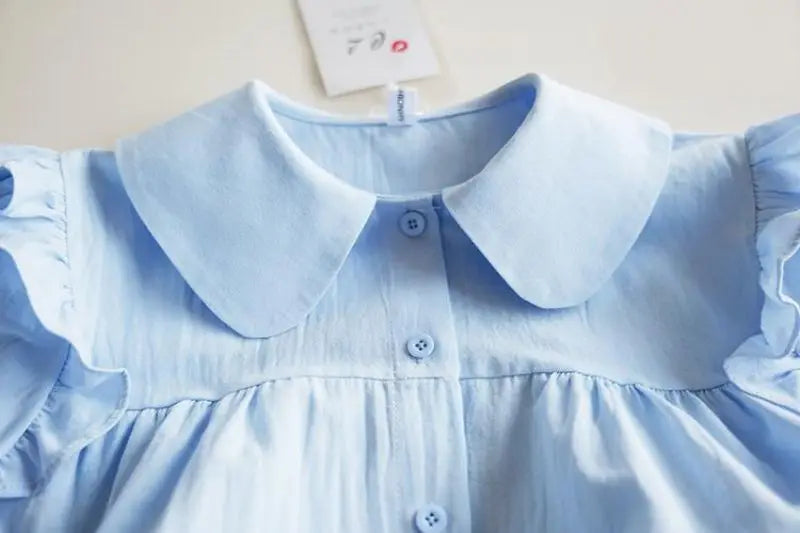 Blue Peter Pan Collar Single Breasted Short Sleeve Loose Fit Women's Blouse Shirt Lightweight Casual Top