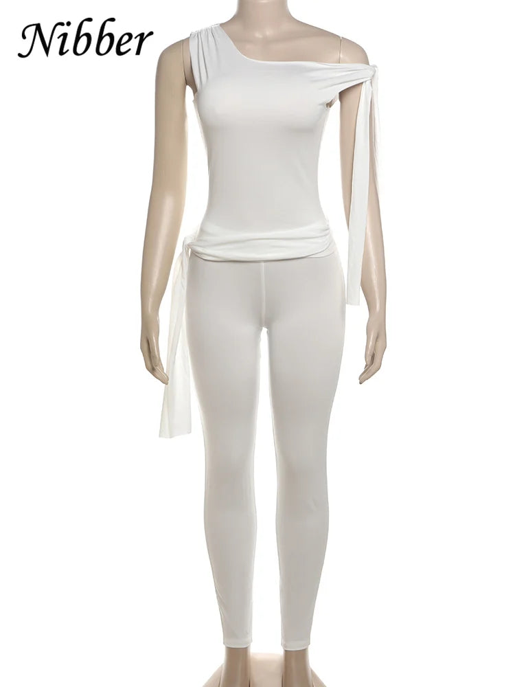 Elegant Two-Piece Women's Tracksuit Set with Skew Collar Ribbon Tank Top and Stretch Skinny Leggings Casual Matching Outfit