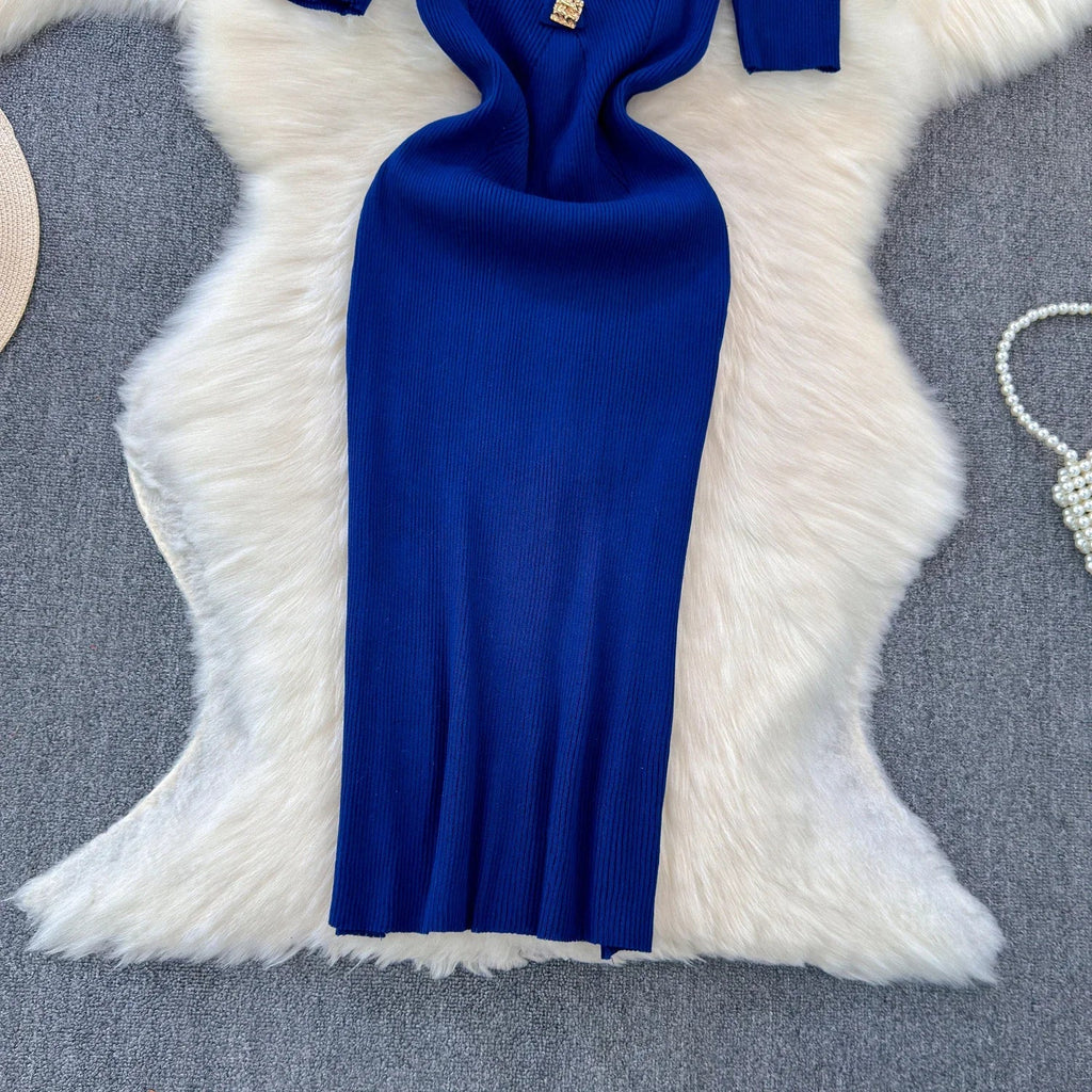 Knitted Bodycon Dress Women Square Collar Summer Long Dress