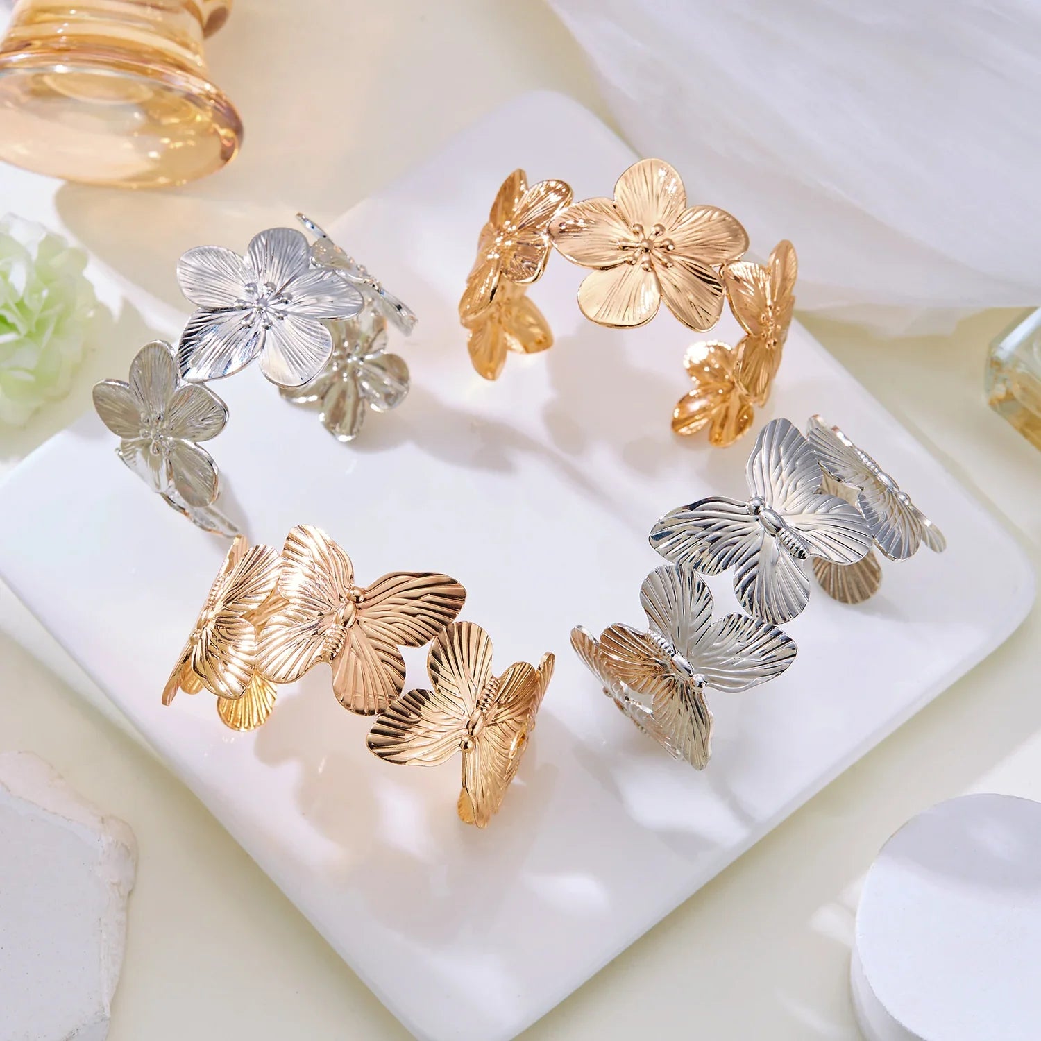 Gold Plated Adjustable Cuff Bracelet with Hollow Flower Butterfly Design in High Quality Stainless Steel for Women Jewelry