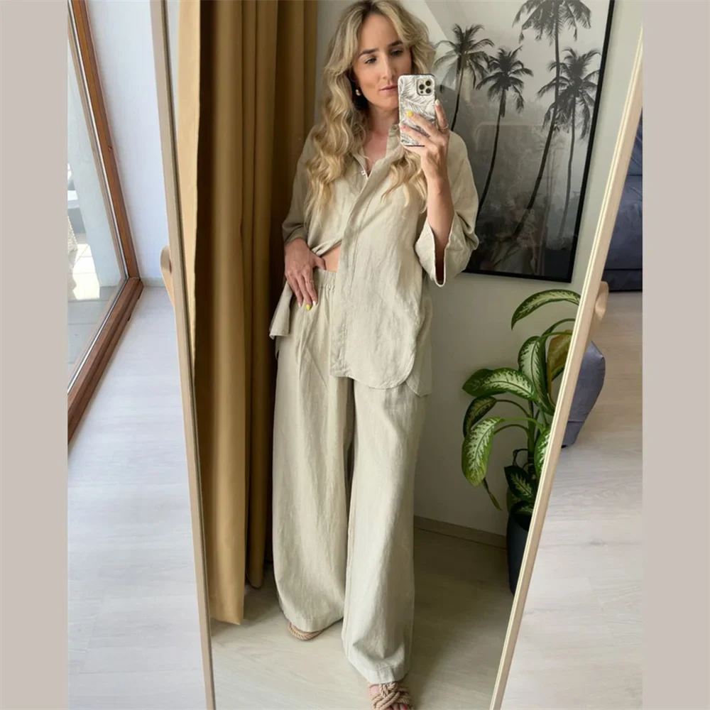 Women's Casual Linen Blended Wide Sleeve Shirt and Straight Leg Pants Set