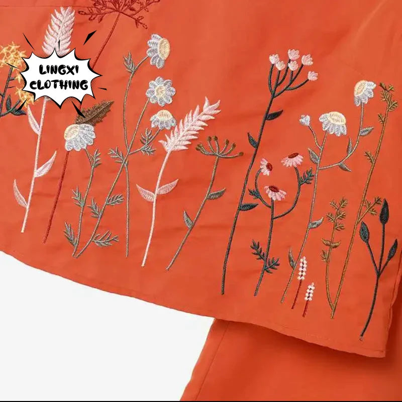 Women's Cotton and Hemp Two Piece Set Loose Elegant Sleeveless Commuter Outfit with Embroidery