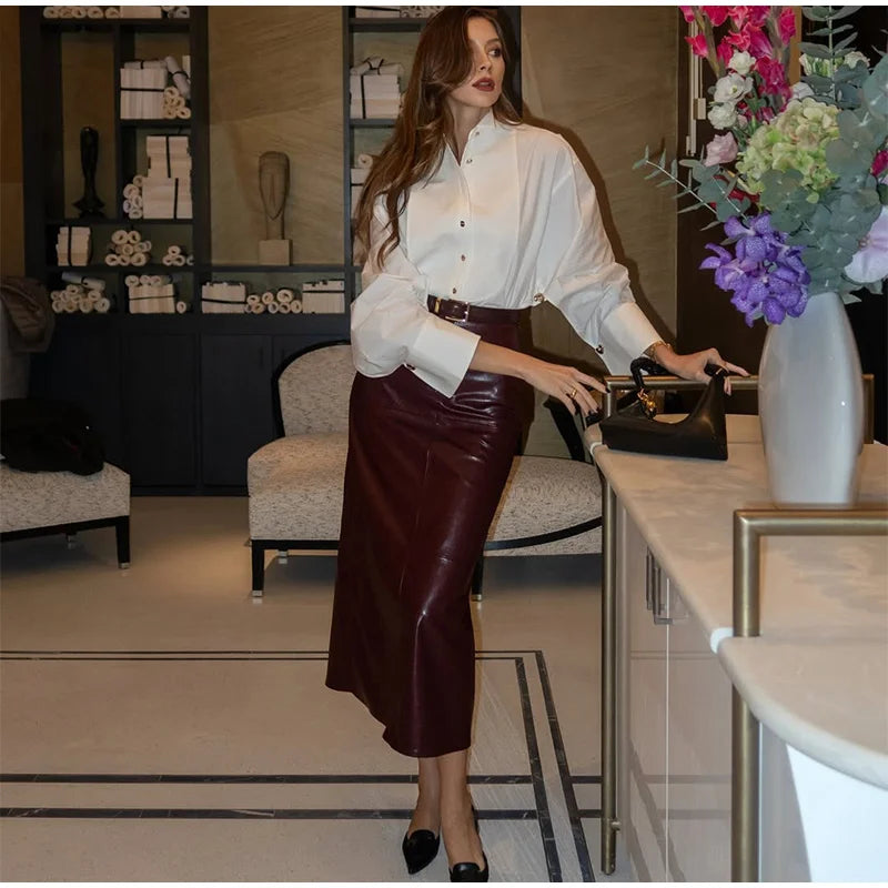 White Chiffon Shirt for Women with Lapel Collar Lantern Sleeves Single Breasted Irregular Hem Loose Fit Blouse Elegant Casual Top