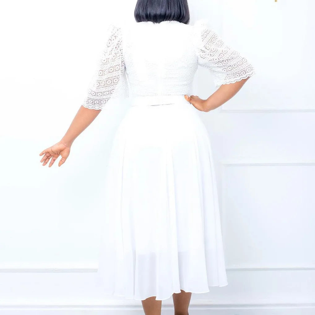 Square Neck Lace Dress Belt A Line Flare Sleeve Mid Calf