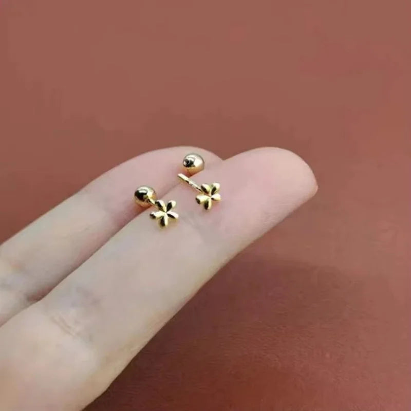 Simple Stainless Steel Golden Flower Small Stud Earrings for Women with Tiny Screw Back Piercing