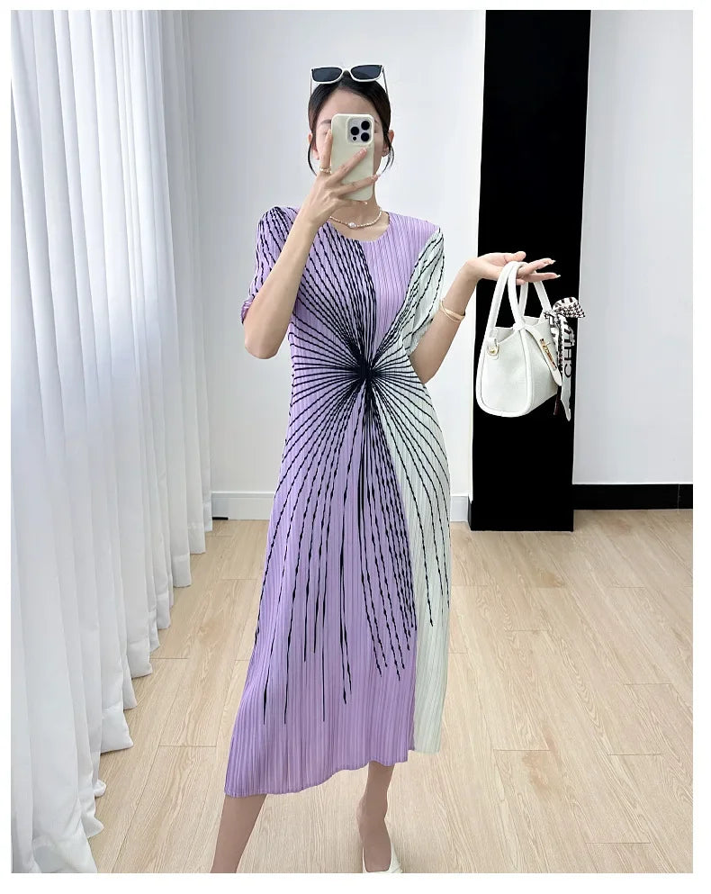 Women Pleated Dress Black White Print O Neck Short Sleeve