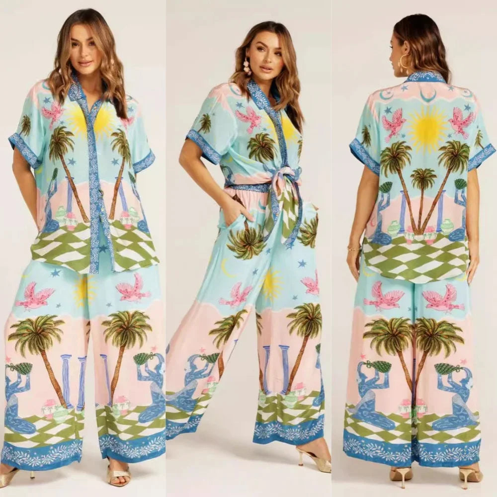 Summer Fashion 2 Piece Set for Women with Printed Half Sleeve Shirt and High Waisted Wide Leg Pants
