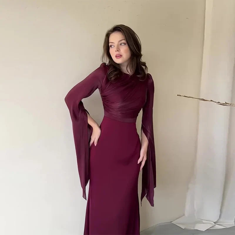 Summer Satin Long Sleeve Evening Gown Dress Slim Fit