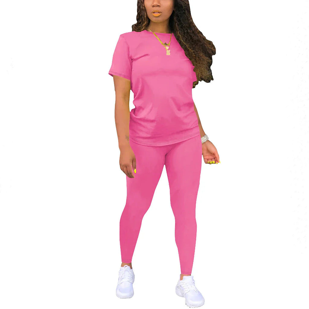 Women's Summer Two Piece Jogger Set with Short Sleeve Top and Matching Shorts