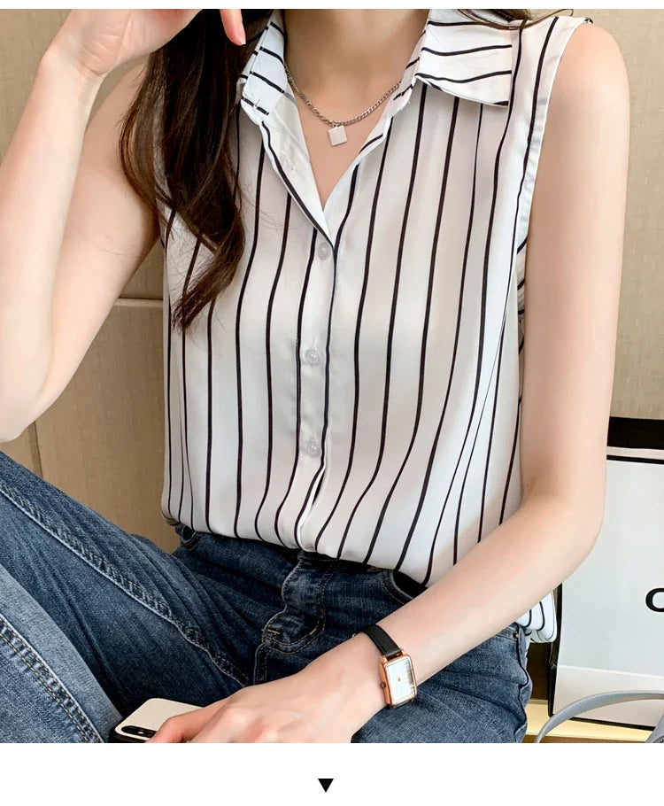 Striped Sleeveless Chiffon Blouse for Women Summer Vest Casual Lightweight Tops Basic White Shirt
