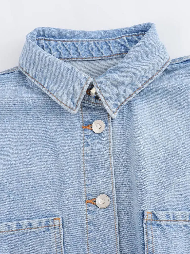 Women's Denim Short Jumpsuit Slim Fit with Lapel Collar Curled Short Sleeves and Patch Pockets Summer Casual Romper