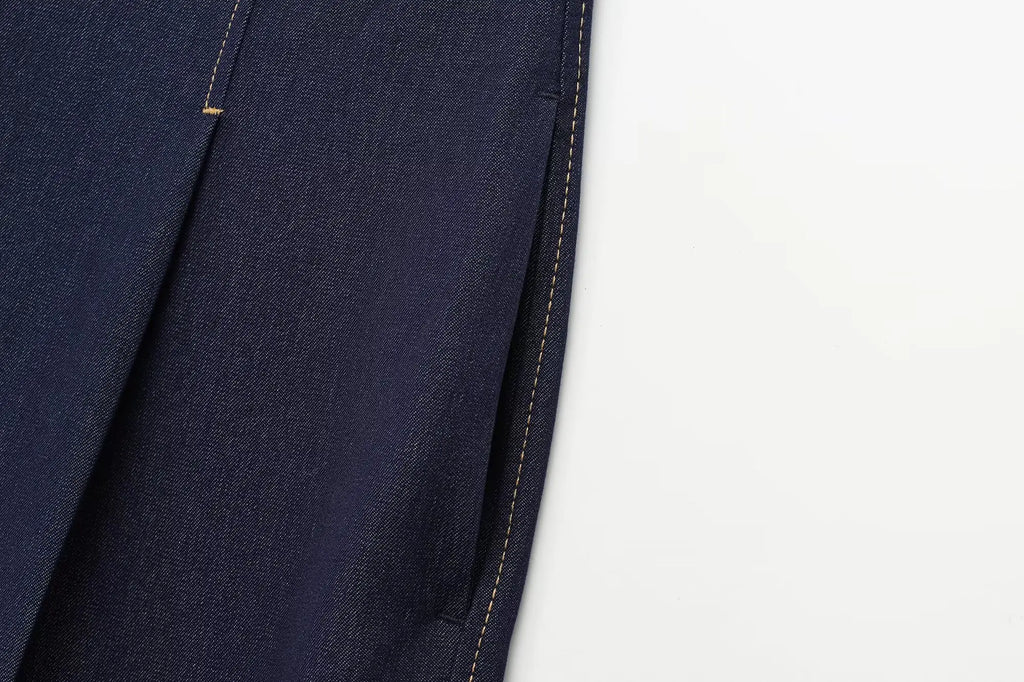 Fashion Women Solid Jacket and Wide Leg Pant Set with Cropped Coat and Zipper Details