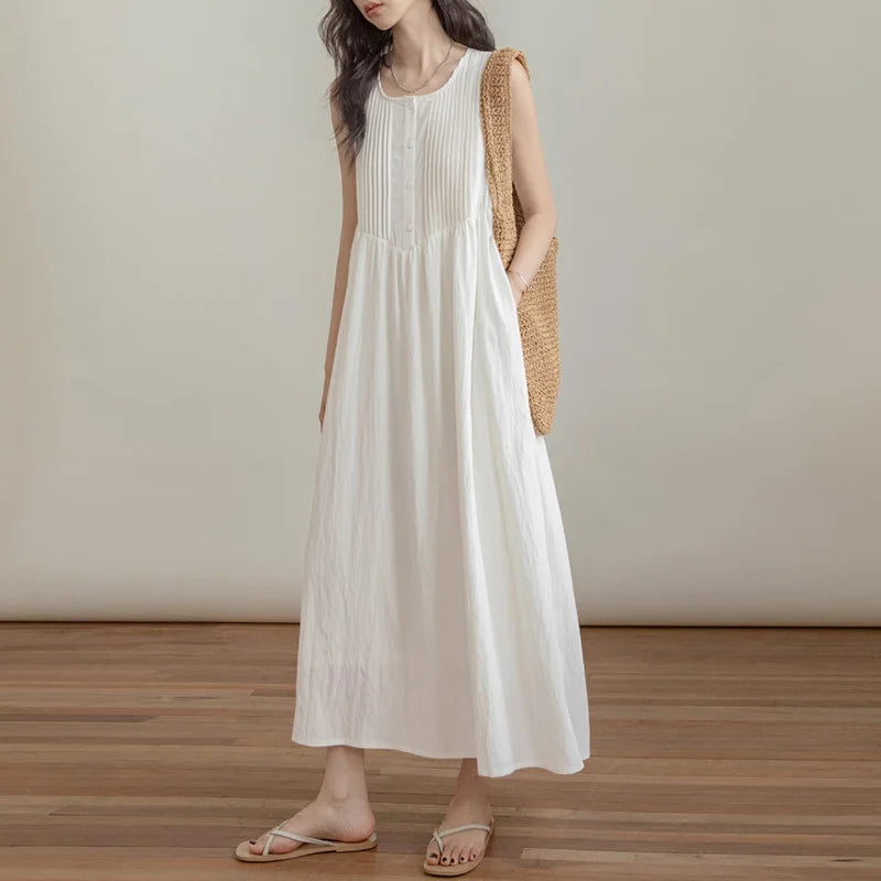 Sleeveless Pleated Long Sundress For Summer Beach Casual