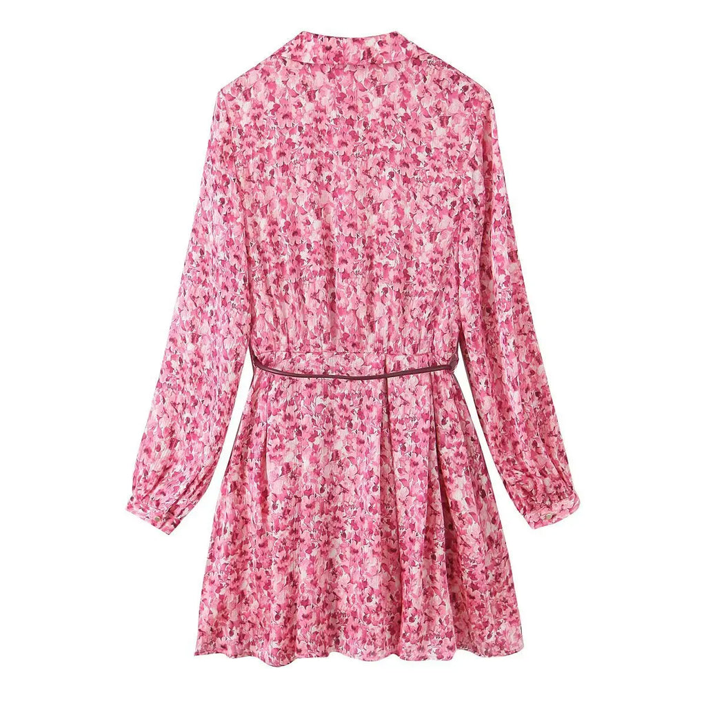 Floral Print Midi Dress V Neck Long Sleeve With Waist Tie