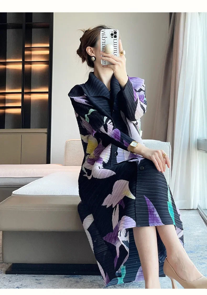 Printed Floral Midi Dress With Pleated Sleeves And Lapel