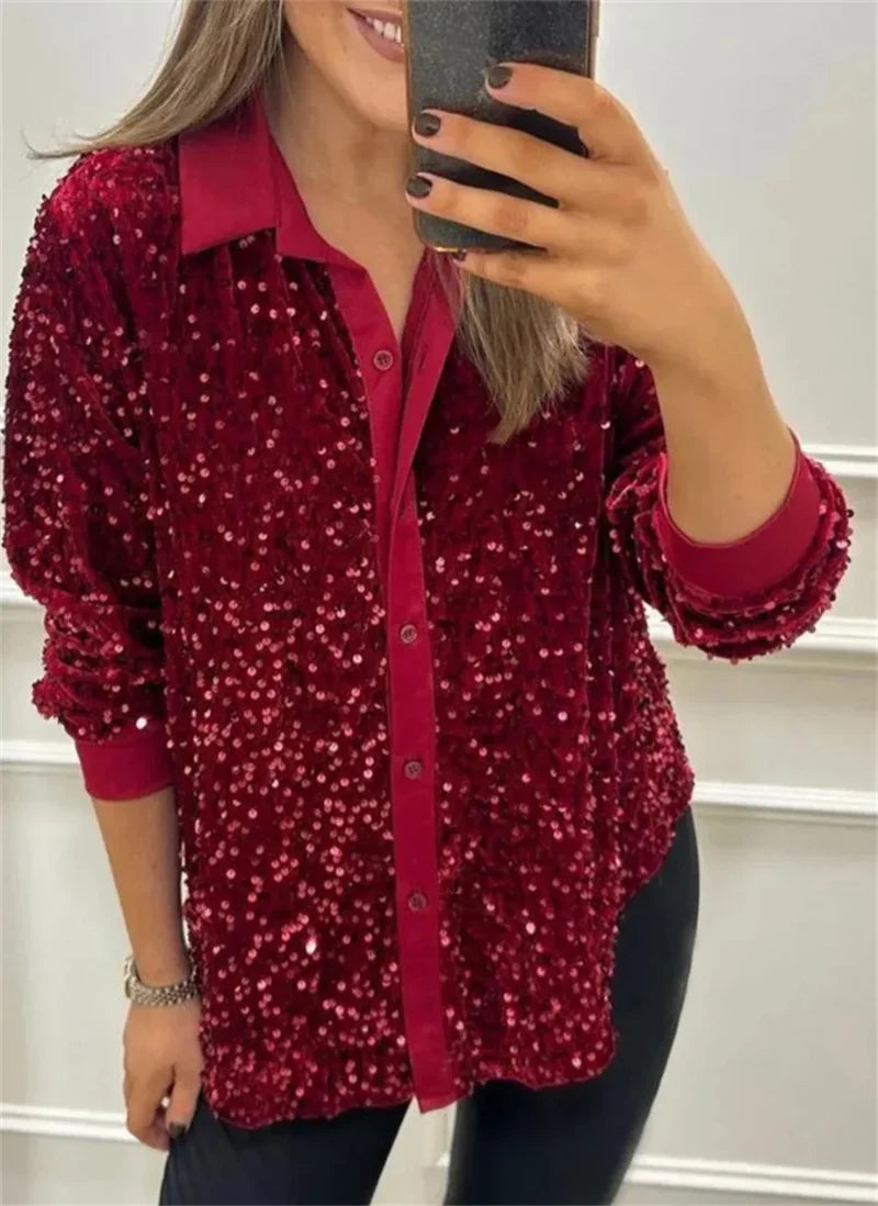 Sequin Lapel Women's Black Shirt Casual Glitter Loose Long Sleeve Single Breasted Retro Party Top Streetwear