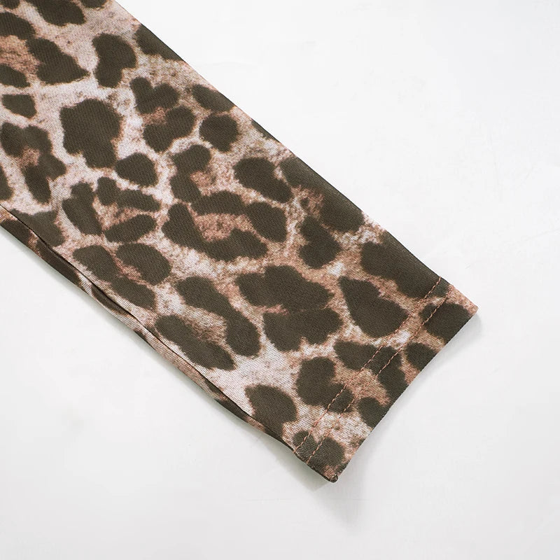 Leopard Print Mesh Long-Sleeved See-Through Sexy Set with Lace-Up Bustier, Short Shawl and Elastic Waist Pants