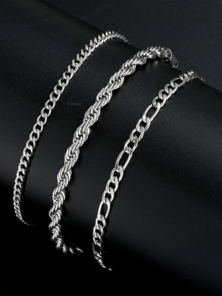 3 Piece Stainless Steel Cuban Chain Bracelet Set for Men Minimalist Silver Hip Hop Fashion Jewelry Gifts