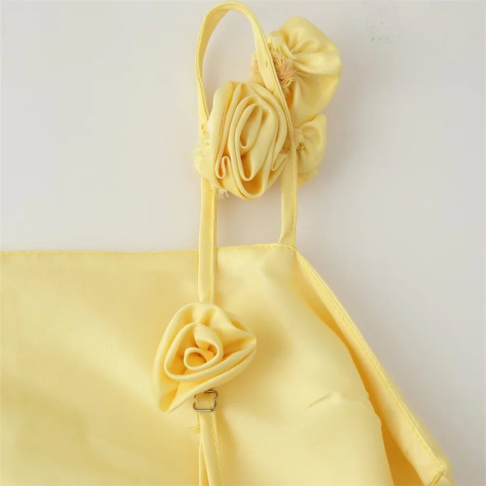 Three Dimensional Flower Satin Strap Skirt For Casual Wear