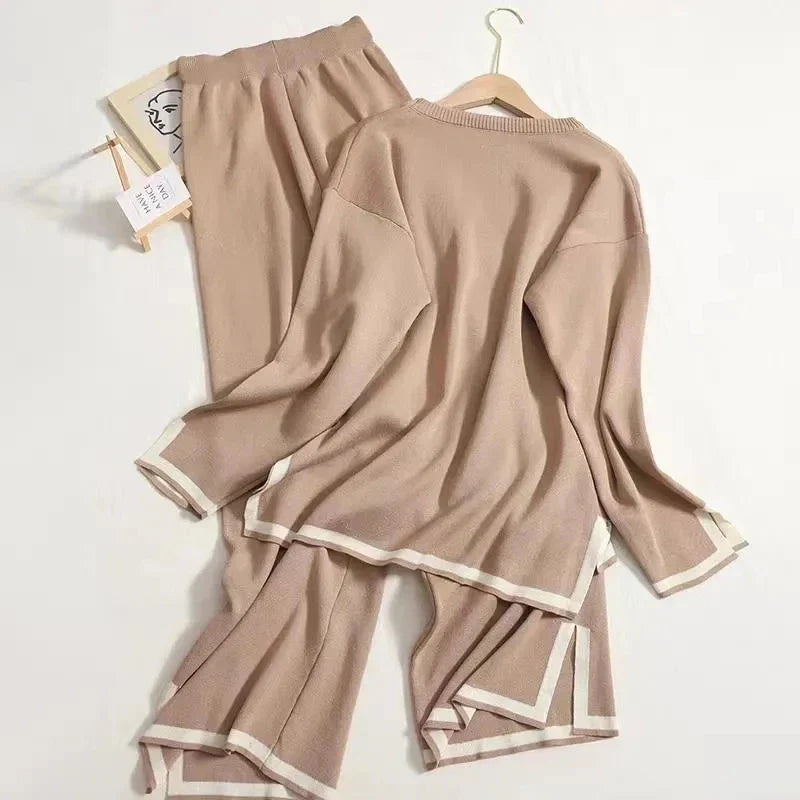 Knit Two Piece Pajama Set for Women with Side Split and High Waist Short Sleeve Design Suitable for Office and Casual Wear