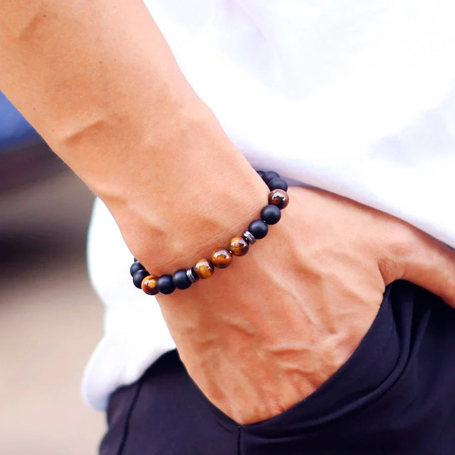 Handmade Men's Natural Stone Bracelet with 8mm Onyx and Tiger Eye Beads for Healing and Style