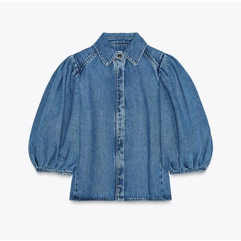 Street Denim Women's Puff Sleeve Shirt Solid Color Single Breasted Pleated Blouse Casual Half Sleeve Top for Spring and Summer