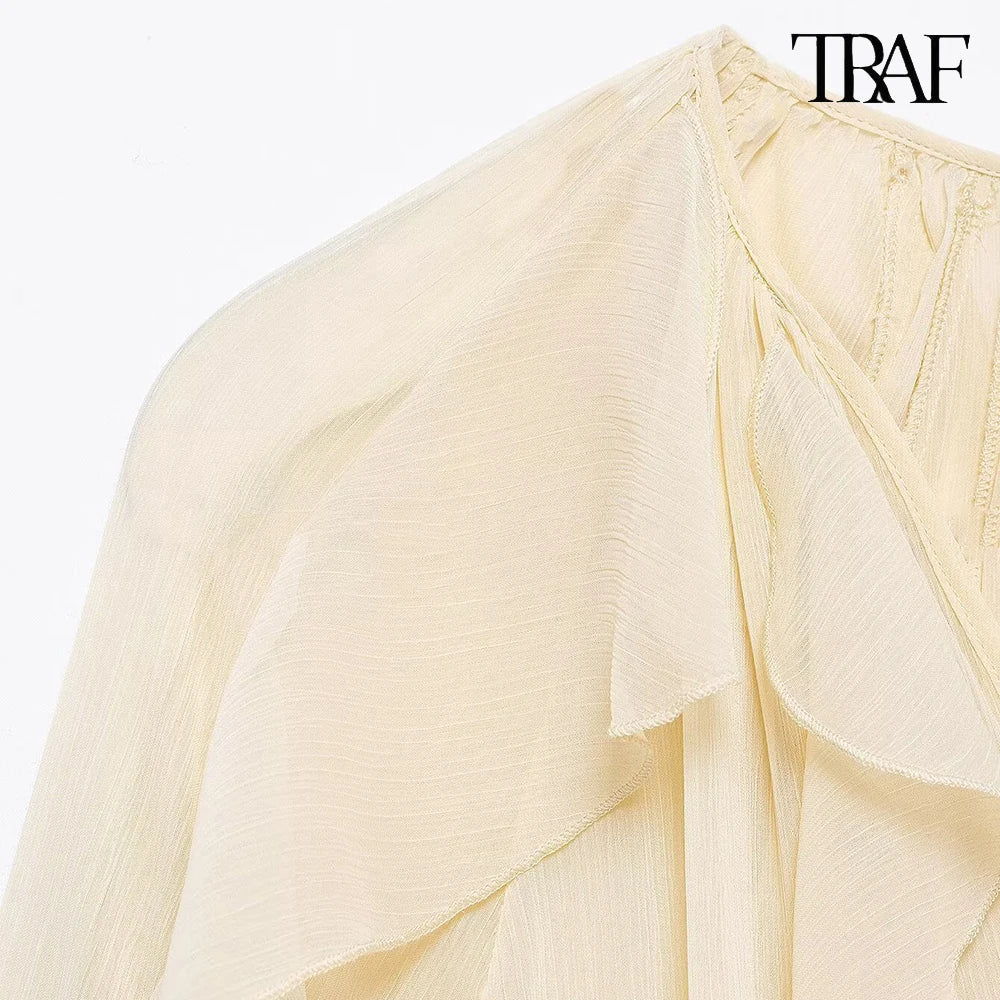 Elegant Solid Color Multi-Layered Ruffle V-Neck Sheer Long Sleeve Loose Blouse for Women