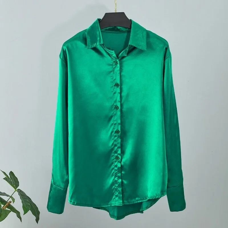 Elegant Satin Long Sleeve Blouse for Women Vintage Blue Green Silk Casual Loose Button Up Shirt Stylish and Comfortable Female Tops